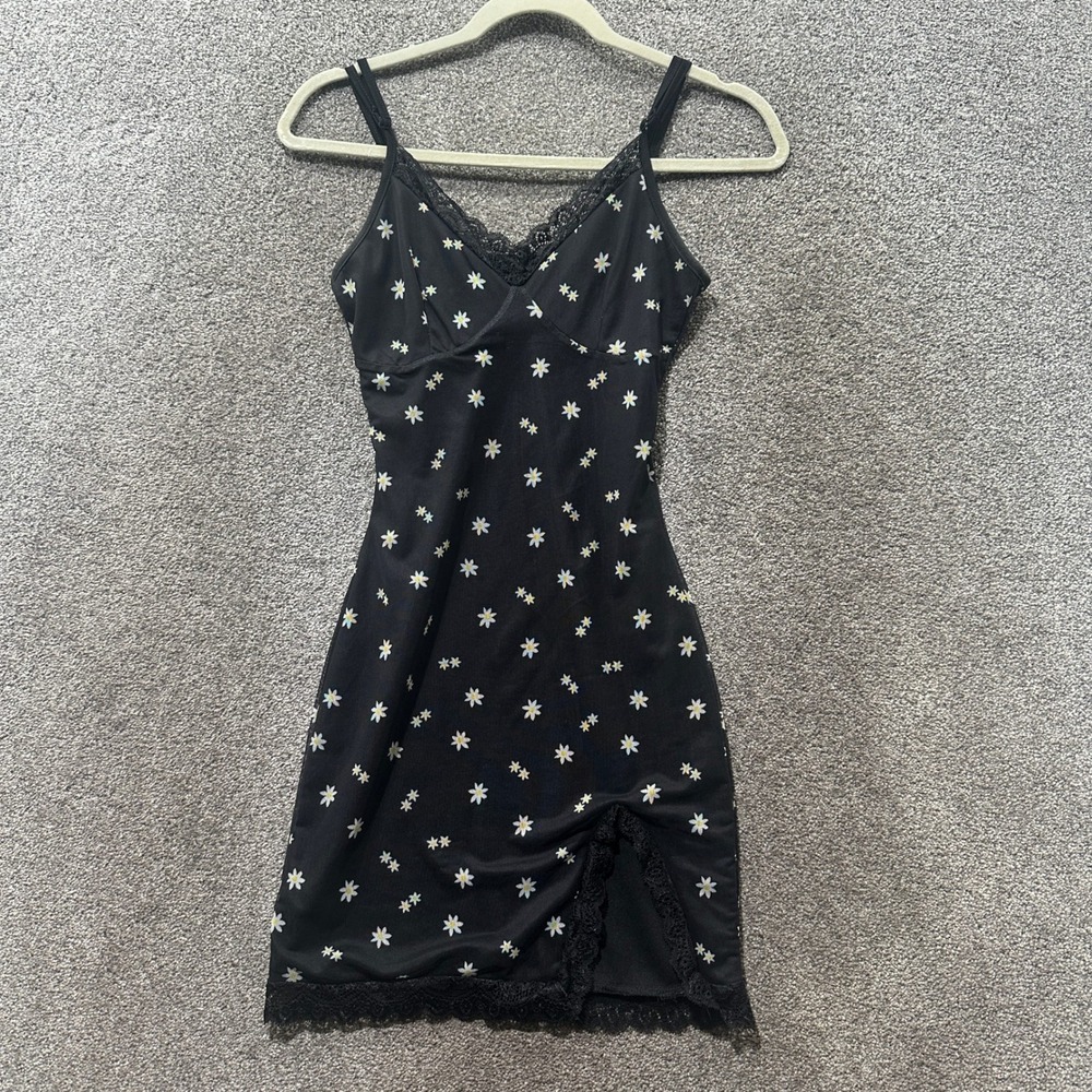 Y2k rue21 Black Ditsy Floral Lace Trim Slip Mini Dress XS Grunge Coquette Alt